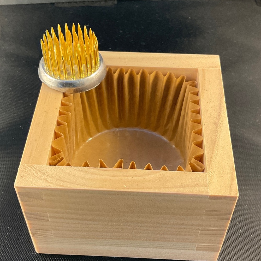 Natural Wood Square Home Art Bowl with Gold Floral Frog